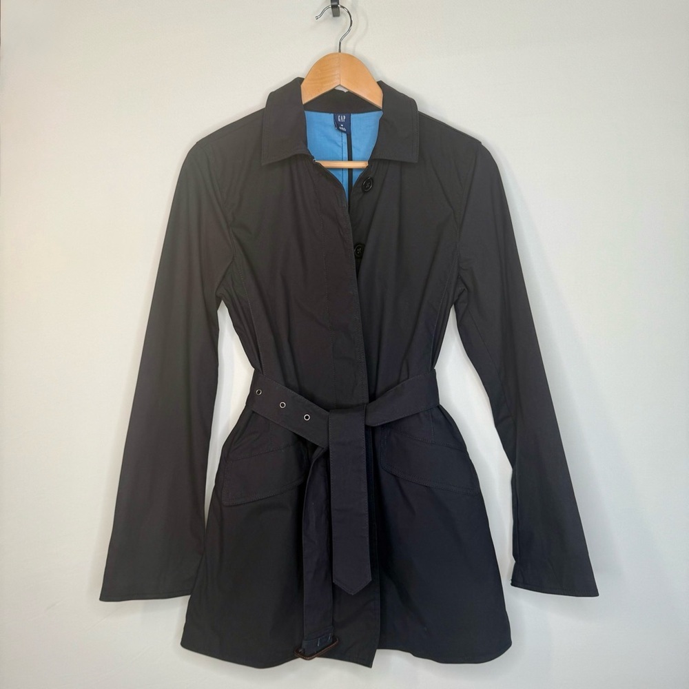 GAP Black Trench Coat with Belt & Blue Lining – Size M – NWOT - Picture 2 of 4